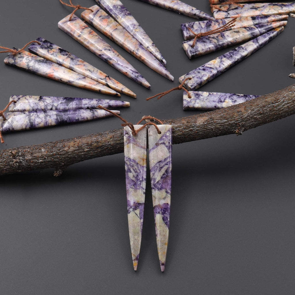 Natural Purple Brecciated Jasper Earring Pair Long Dagger Triangle Cabochon Cab Drilled Matched Beads A8