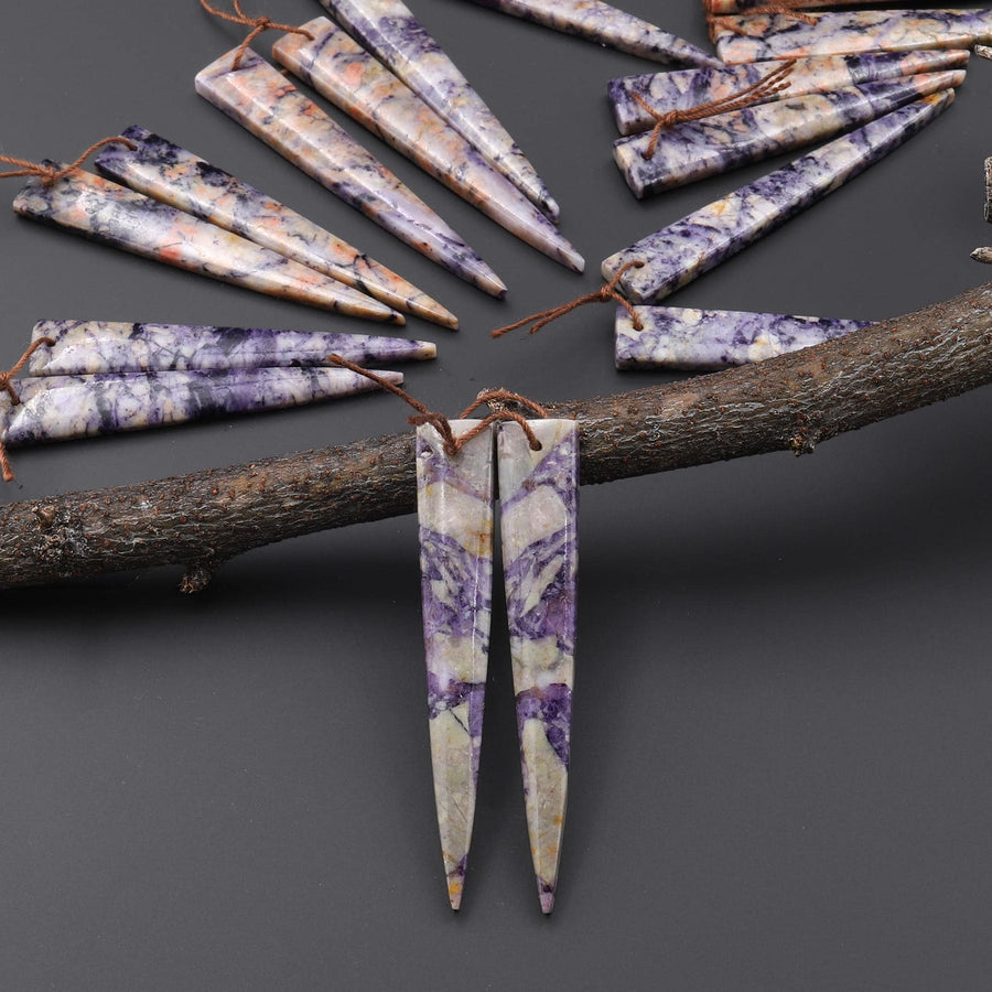 Natural Purple Brecciated Jasper Earring Pair Long Dagger Triangle Cabochon Cab Drilled Matched Beads A8