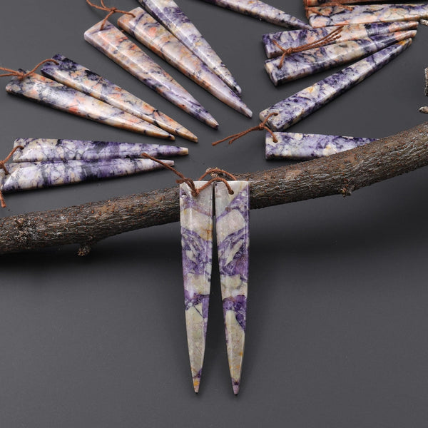 Natural Purple Brecciated Jasper Earring Pair Long Dagger Triangle Cabochon Cab Drilled Matched Beads A8