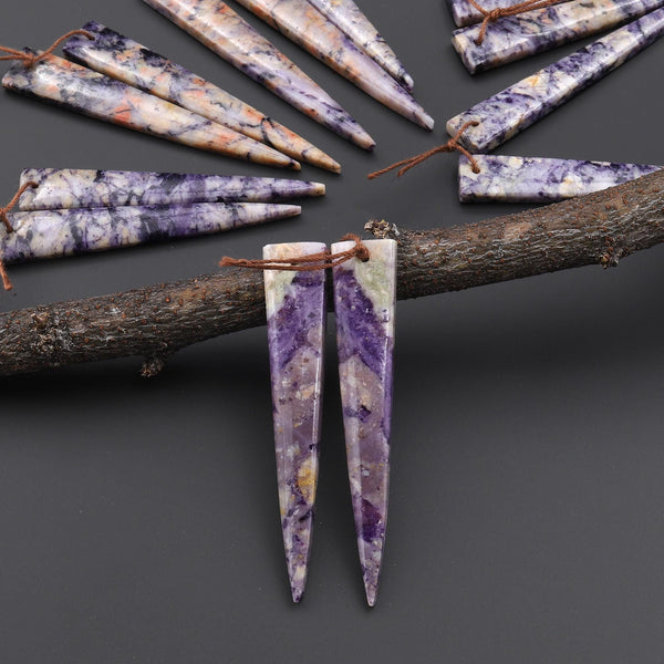Natural Purple Brecciated Jasper Earring Pair Long Dagger Triangle Cabochon Cab Drilled Matched Beads A9