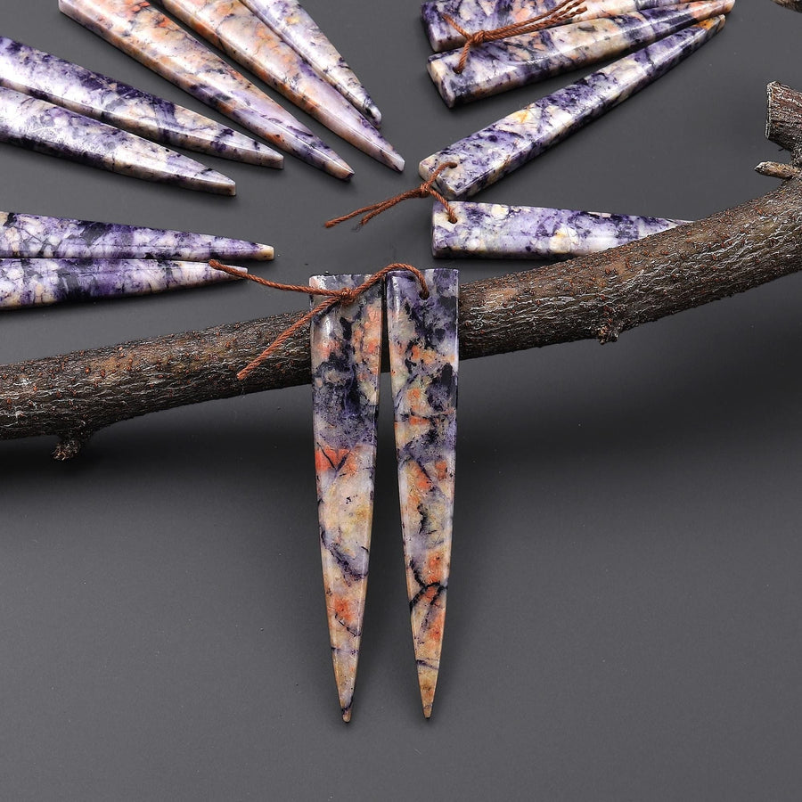 Natural Purple Brecciated Jasper Earring Pair Long Dagger Triangle Cabochon Cab Drilled Matched Beads A12