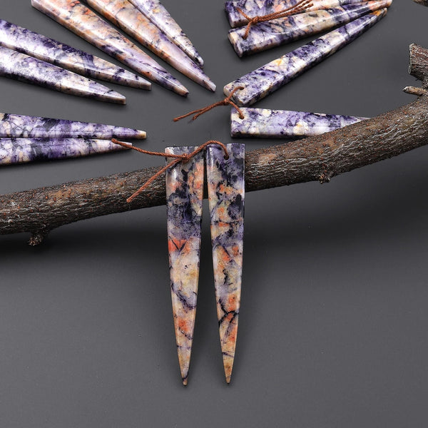 Natural Purple Brecciated Jasper Earring Pair Long Dagger Triangle Cabochon Cab Drilled Matched Beads A12
