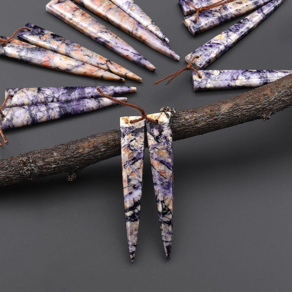 Natural Purple Brecciated Jasper Earring Pair Long Dagger Triangle Cabochon Cab Drilled Matched Beads A11
