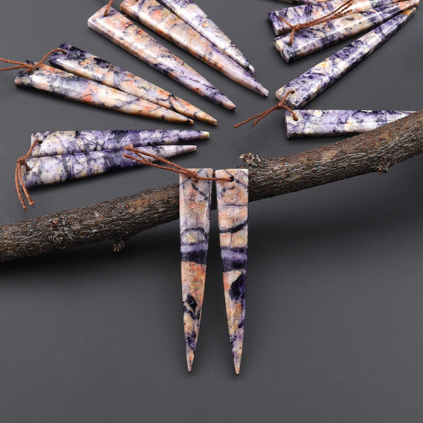 Natural Purple Brecciated Jasper Earring Pair Long Dagger Triangle Cabochon Cab Drilled Matched Beads A10