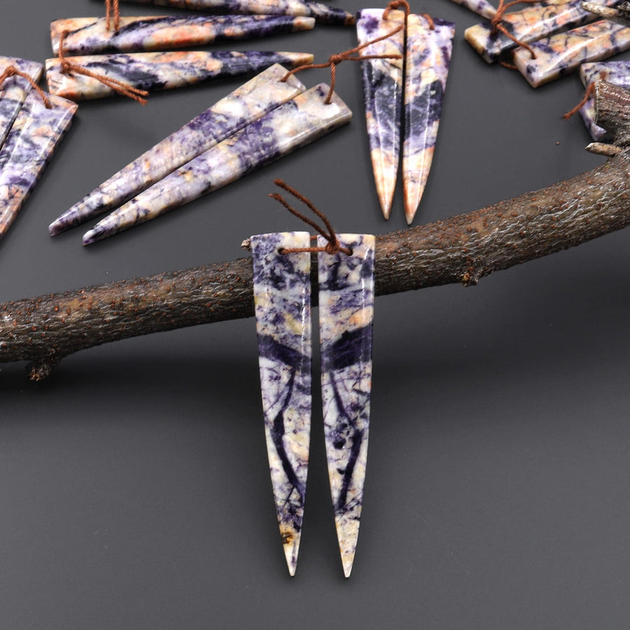 Natural Purple Brecciated Jasper Earring Pair Long Dagger Triangle Cabochon Cab Drilled Matched Beads