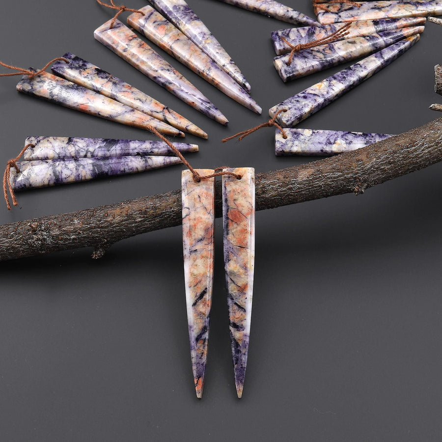 Natural Purple Brecciated Jasper Earring Pair Long Dagger Triangle Cabochon Cab Drilled Matched Beads