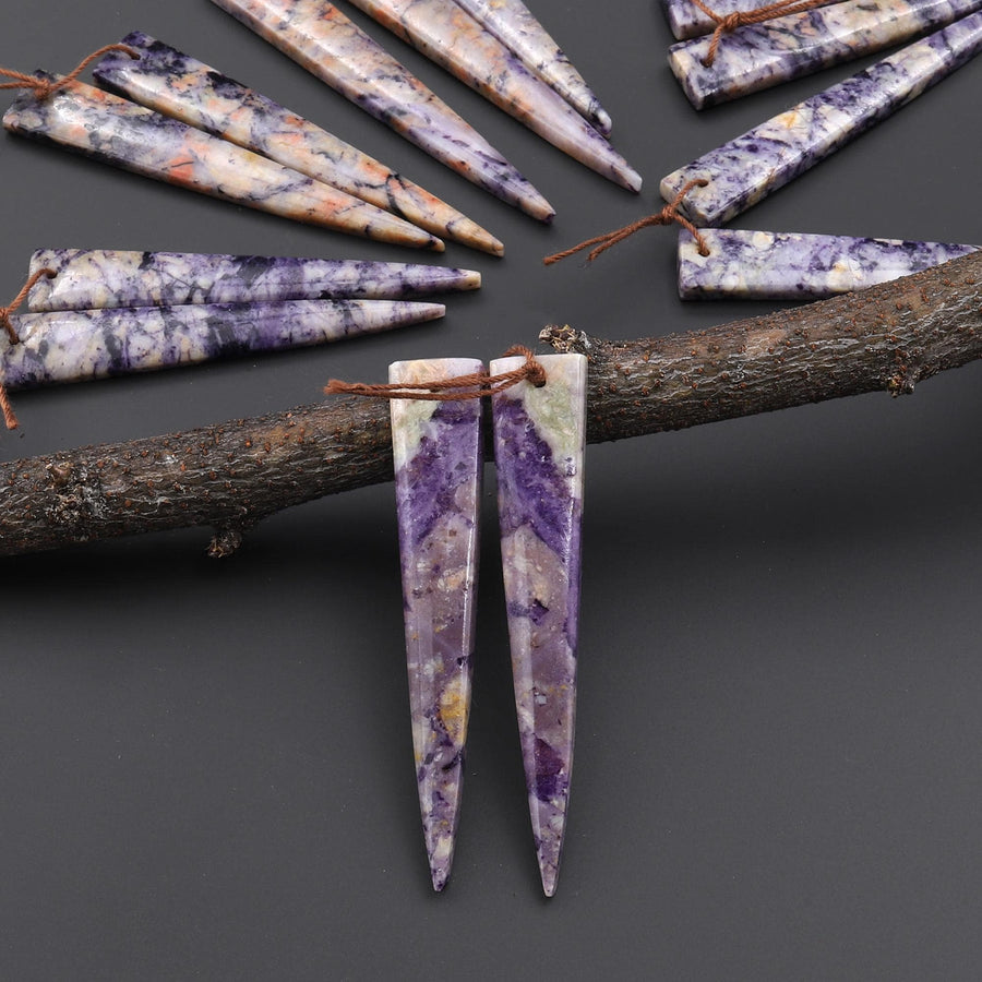 Natural Purple Brecciated Jasper Earring Pair Long Dagger Triangle Cabochon Cab Drilled Matched Beads