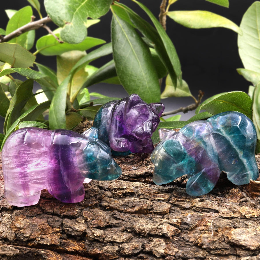 Hand-Carved Natural Fluorite Bear Figurine Crystal Miniature 2"