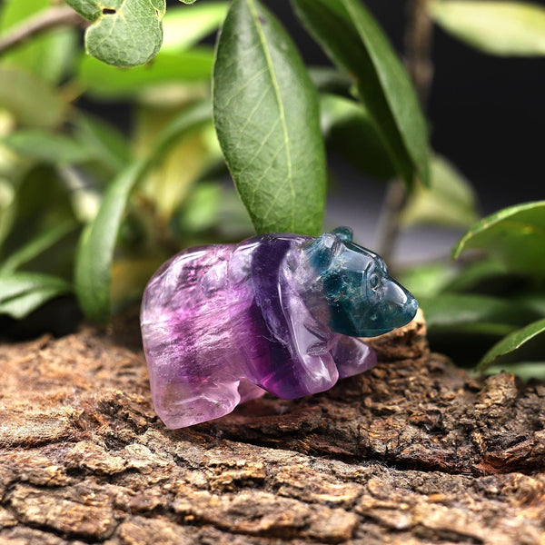 Hand-Carved Natural Fluorite Bear Figurine Crystal Miniature 2" A2