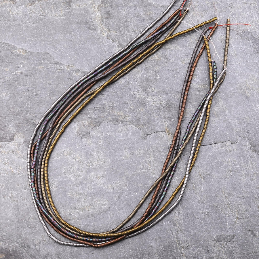 Matte Hematite 2mm Heishi Beads Small Spacer Silver Gold Bronze Rainbow Champagne Black 15.5" Strand
