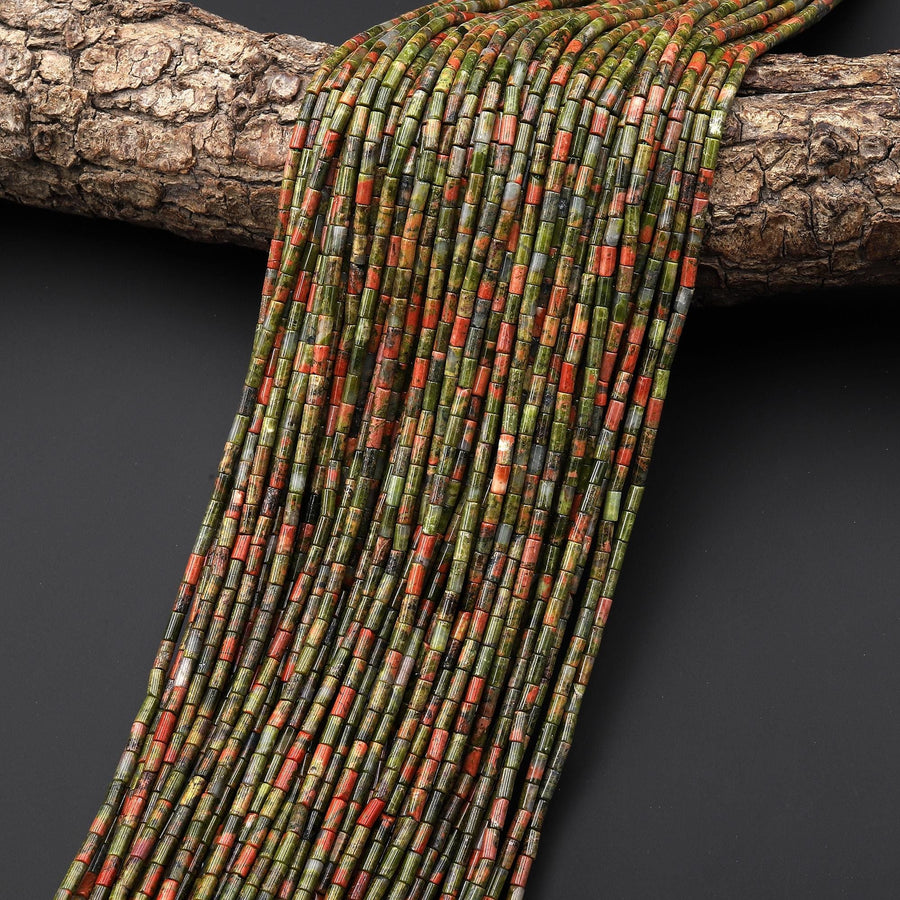 Natural Unakite 4x2mm Small Thin Smooth Spacer Tube Gemstone Beads 15.5" Strand