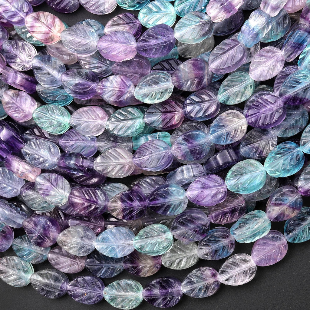 Natural Blue Green Purple Fluorite Hand Carved Leaf Gemstone Beads 15.5" Strand