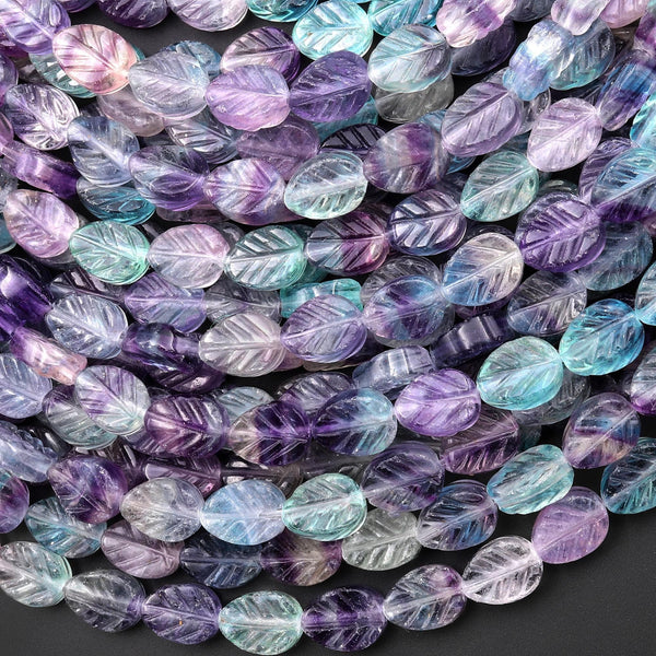 Natural Blue Green Purple Fluorite Hand Carved Leaf Gemstone Beads 15.5" Strand