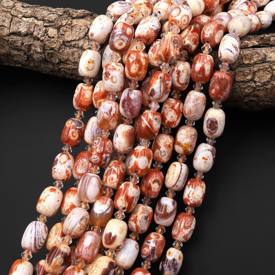 Tibetan Agate Barrel Drum Barrel Beads Dzi Agate Orange Terra Cotta Ancient Antique Vintage Looking Boho Beads 14" Strand