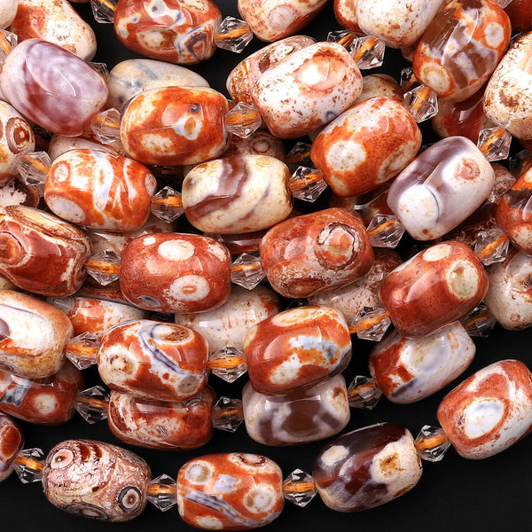 Tibetan Agate Barrel Drum Barrel Beads Dzi Agate Orange Terra Cotta Ancient Antique Vintage Looking Boho Beads 14" Strand