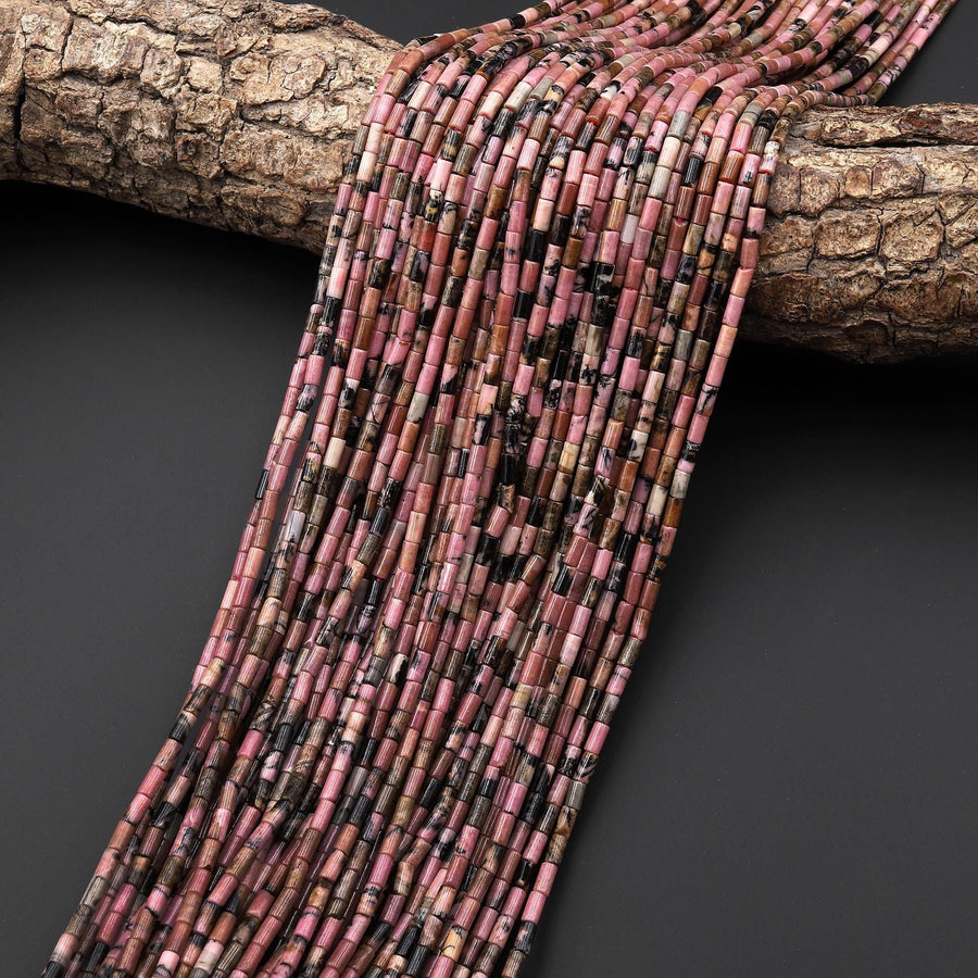 Natural Pink Rhodonite 4x2mm Small Thin Smooth Spacer Tube Beads 15.5" Strand