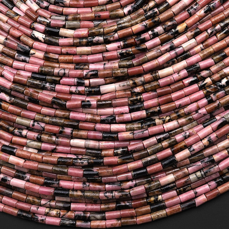 Natural Pink Rhodonite 4x2mm Small Thin Smooth Spacer Tube Beads 15.5" Strand