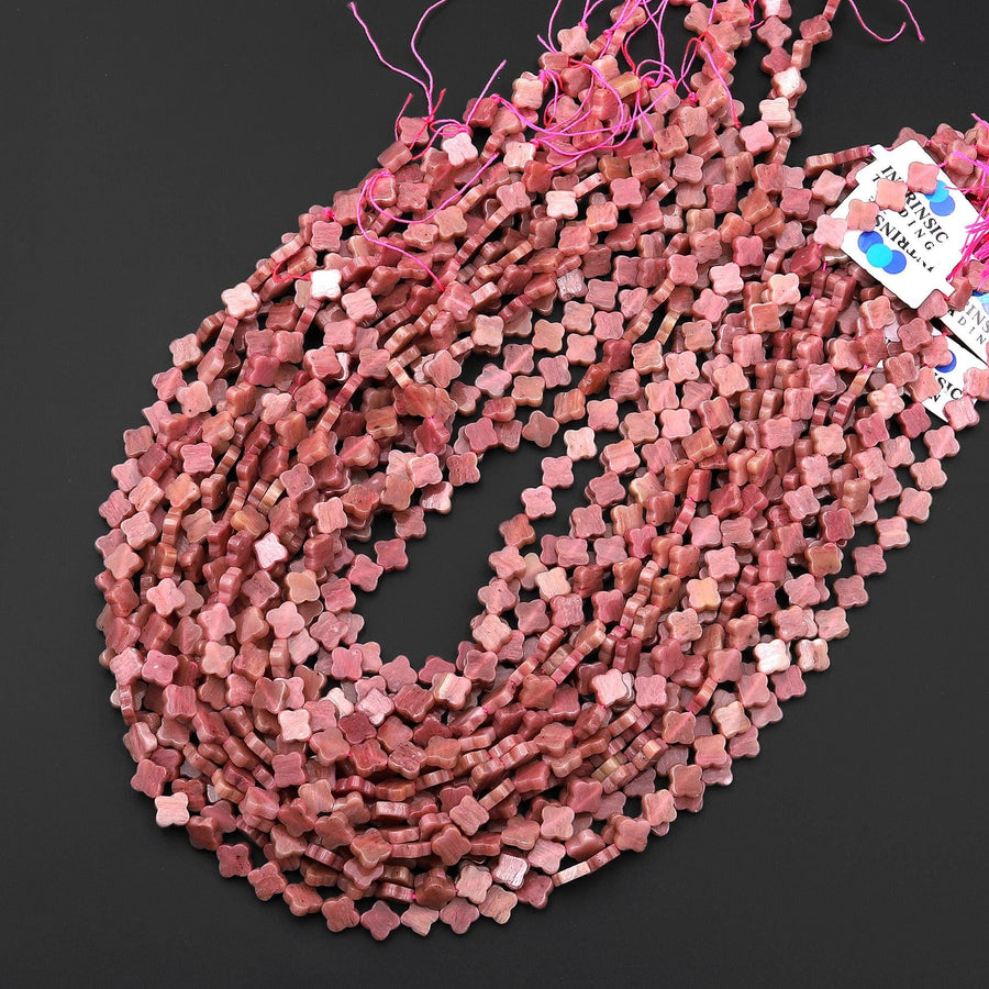 4 Four Leaf Clover Beads Natural Pink Petrified Rhodonite 7mm 10mm Hand Carved Flower Gemstone 15.5" Strand