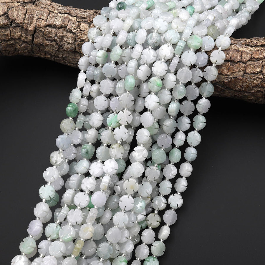 AAA Natural Light Green Burma Jade Cherry Blossom Coin Disc Flower Beads Strand