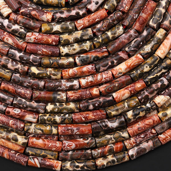 Natural Leopard Skin Jasper 4x13mm Smooth Thin Long Tube Beads 15.5" Strand