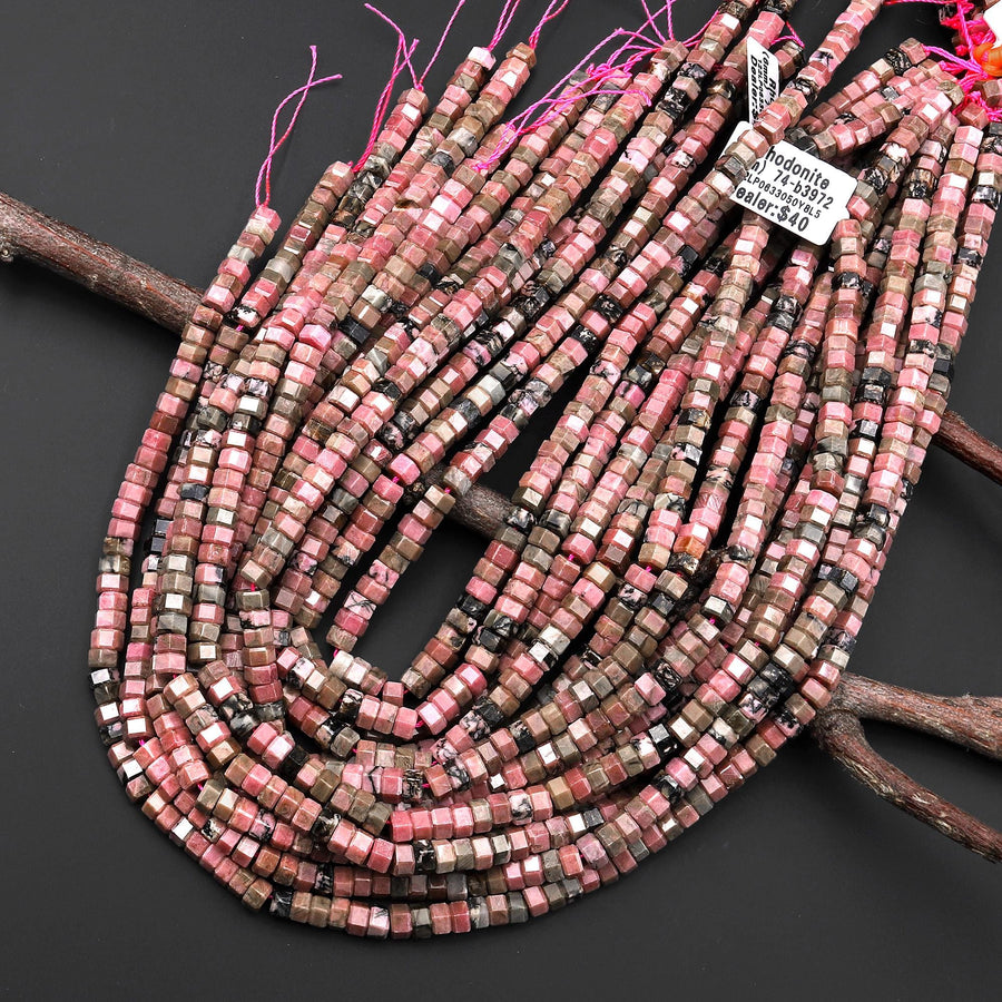 AAA Faceted Natural Pink Rhodonite Beads 6mm hexagon Heishi Rondelle 15.5" Strand