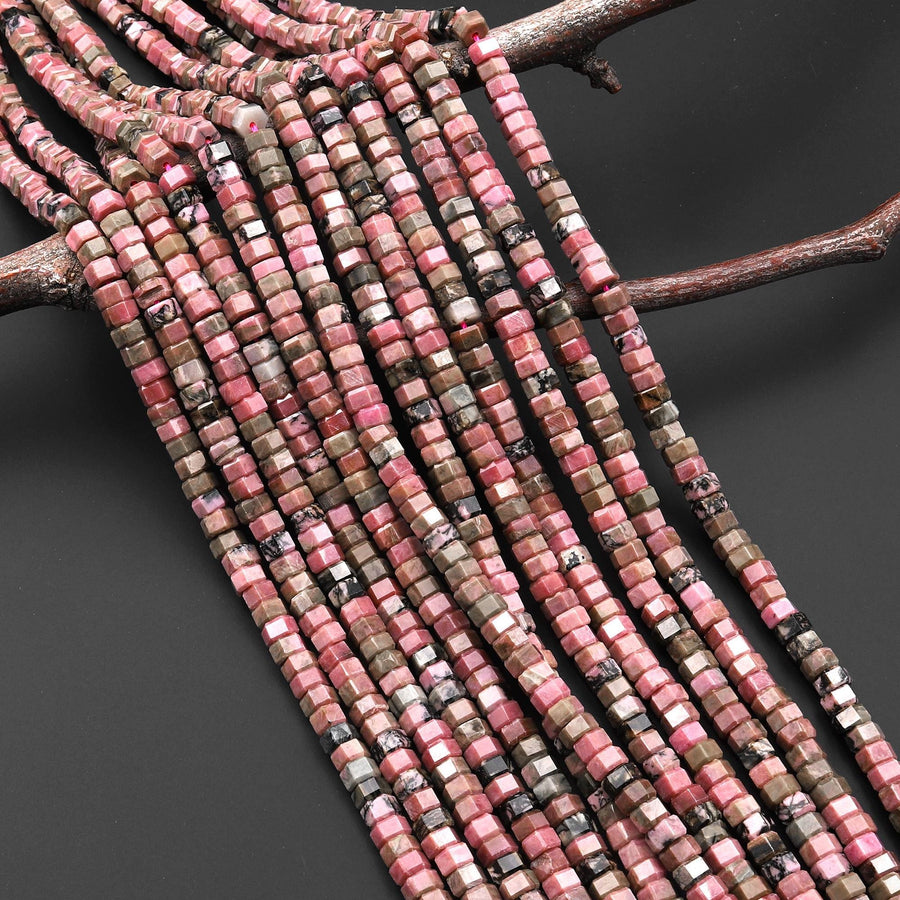AAA Faceted Natural Pink Rhodonite Beads 6mm hexagon Heishi Rondelle 15.5" Strand