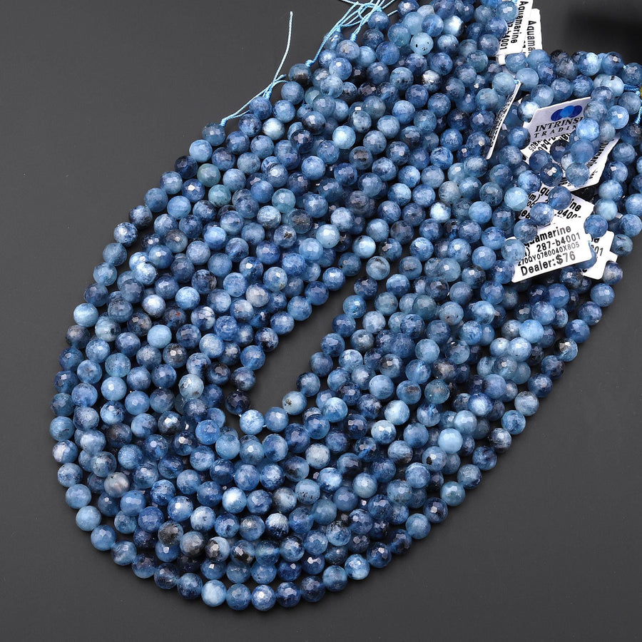 Faceted Natural Blue Santa Maria Aquamarine 7mm 8mm Round Beads 15.5" Strand