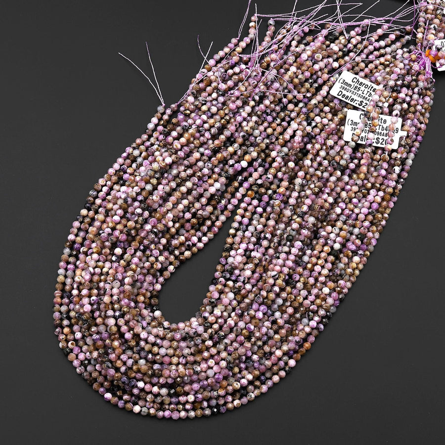 Faceted Real Natural Russian Purple Charoite 3mm Round Beads Gemstone 15.5" Strand