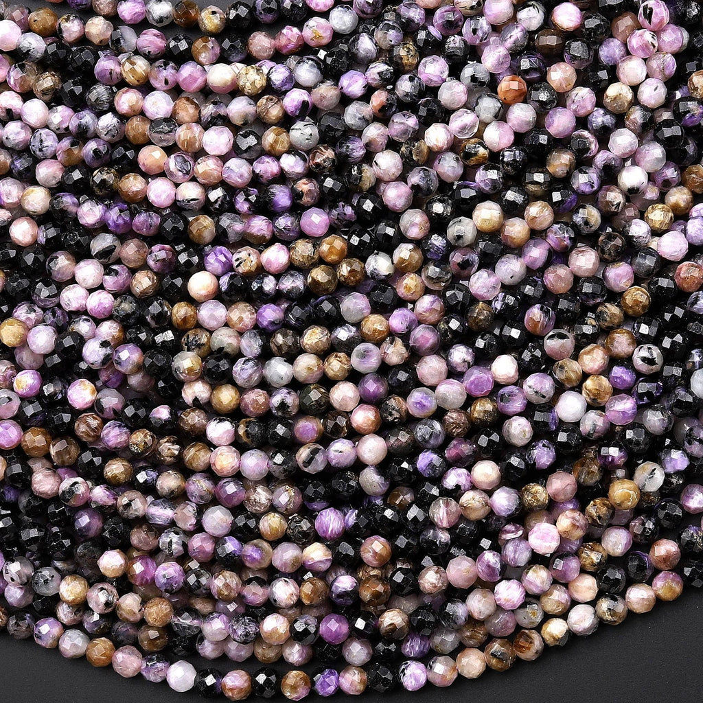 Faceted Real Natural Russian Purple Charoite Black Aegirine Matrix 3mm Round Beads Gemstone 15.5" Strand