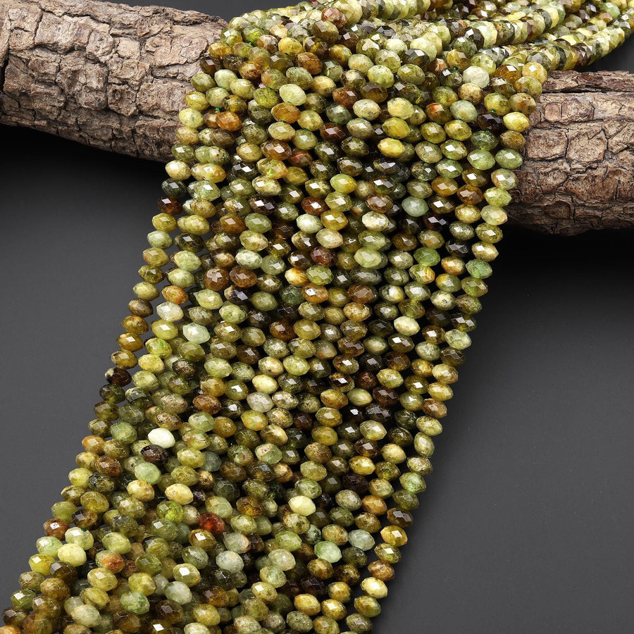 Faceted Natural Green Garnet Faceted Rondelle 6mm Diamond Cut Gemstone Beads 15.5" Strand