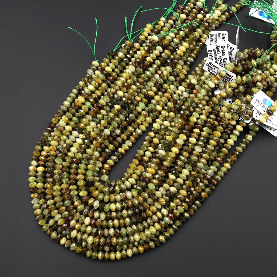 Faceted Natural Green Garnet Faceted Rondelle 6mm Diamond Cut Gemstone Beads 15.5" Strand