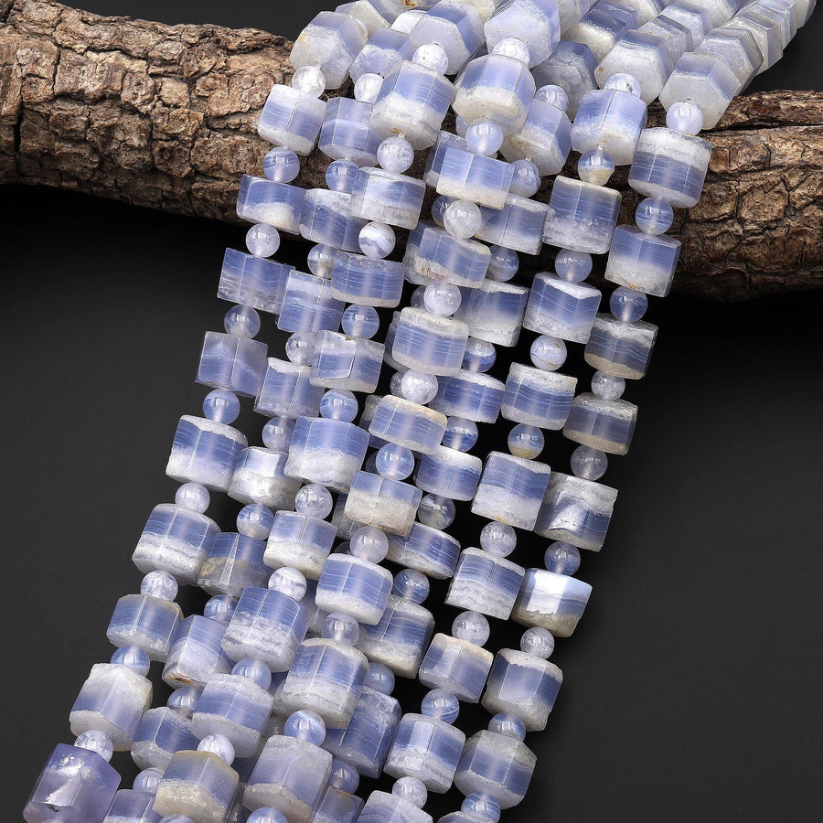 AAA Faceted Natural Blue Lace Agate Hexagon Short Cylinder Tube Beads 15.5" Strand