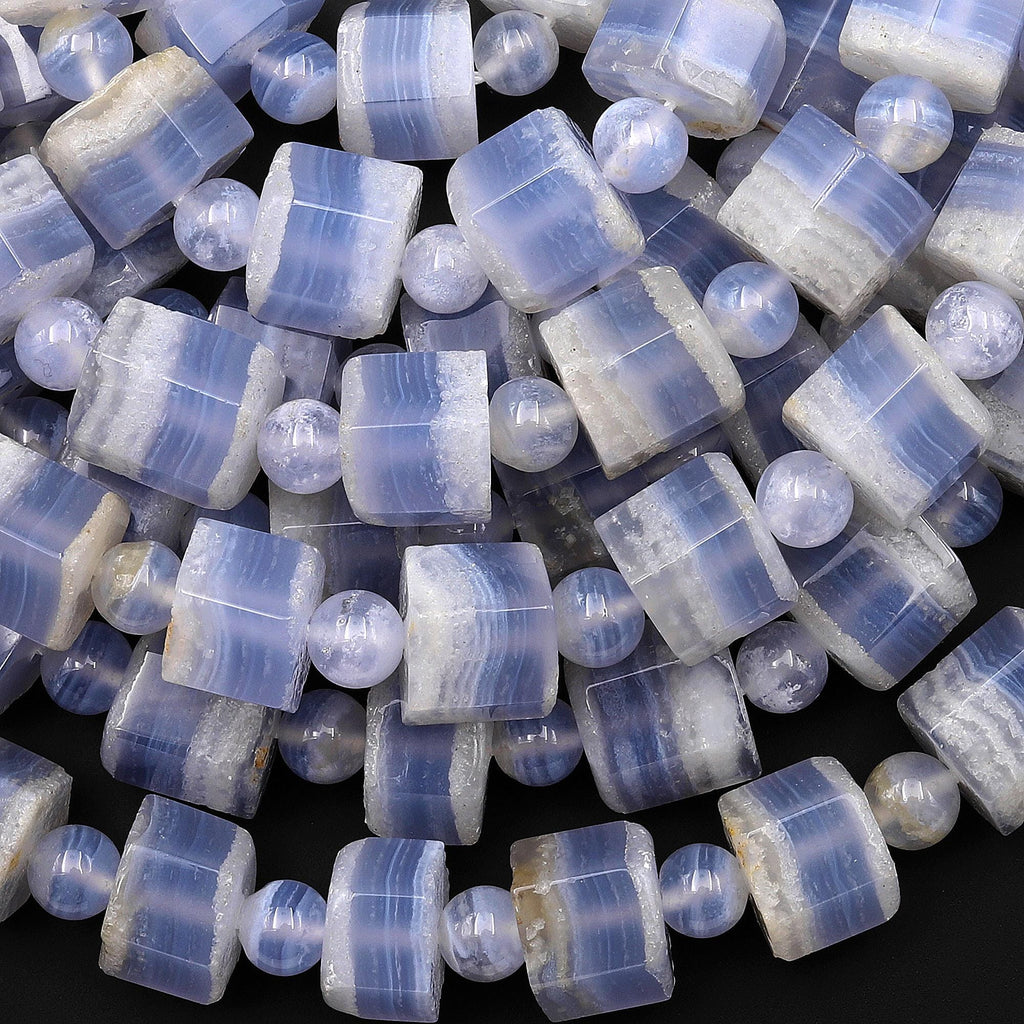 AAA Faceted Natural Blue Lace Agate Hexagon Short Cylinder Tube Beads 15.5" Strand