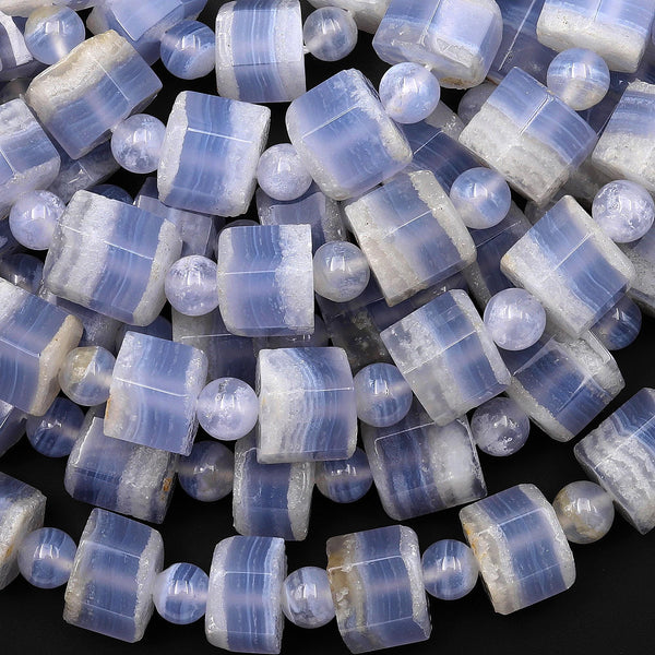 AAA Faceted Natural Blue Lace Agate Hexagon Short Cylinder Tube Beads 15.5" Strand