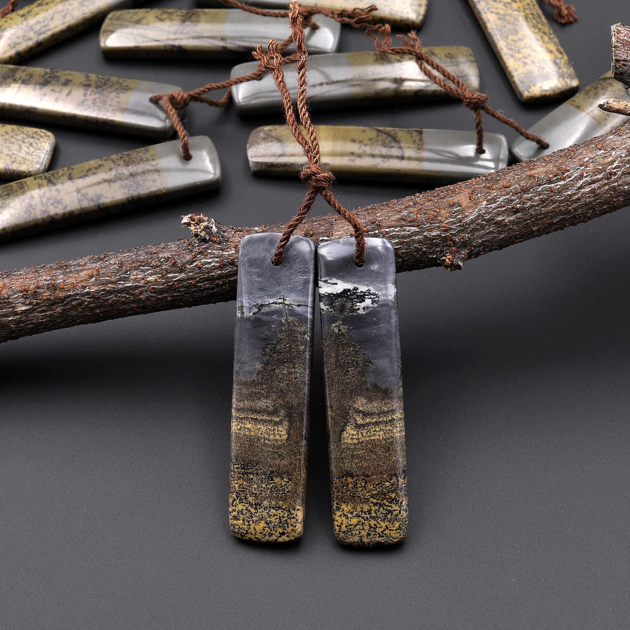 Natural Wild Horse Picture Jasper Rectangle Earring Pair Cabochon Cab Drilled Matched Gemstone Bead Pair