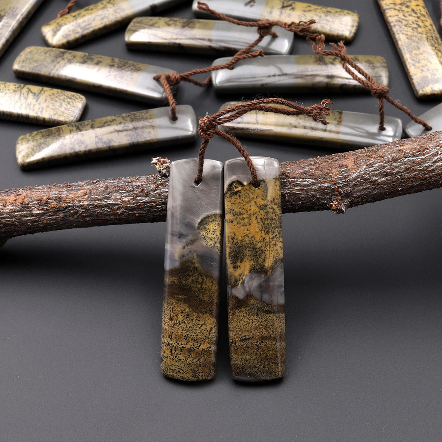 Natural Wild Horse Picture Jasper Rectangle Earring Pair Cabochon Cab Drilled Matched Gemstone Bead Pair A66