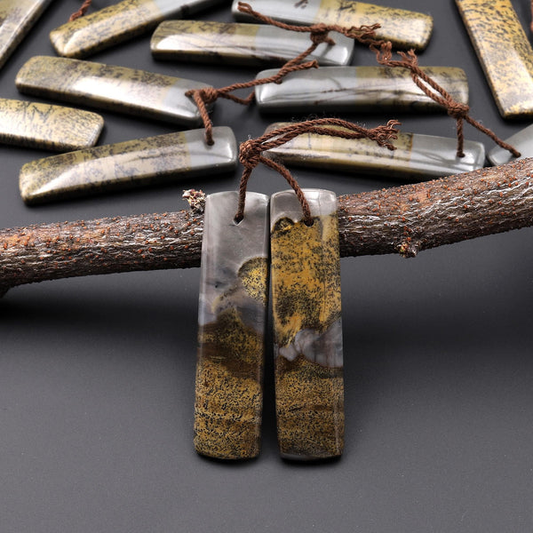 Natural Wild Horse Picture Jasper Rectangle Earring Pair Cabochon Cab Drilled Matched Gemstone Bead Pair A66
