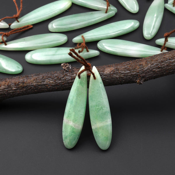 Icy Natural Brazilian Green Jade Earring Pair Teardrop Cabochon Cab Drilled Matched Gemstone Bead Pair A33