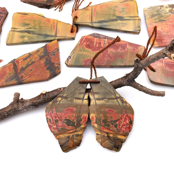 Handcut Natural Red Creek Jasper Large Flat Irregular Freeform Earring Cab Pair Drilled Matched Gemstone Bead Pair