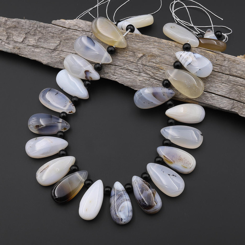 Natural Montana Agate Teardrop Focal Beads Highly Polished Amazing Scenic Pattern Dendritic Matrix 15.5" Strand A1