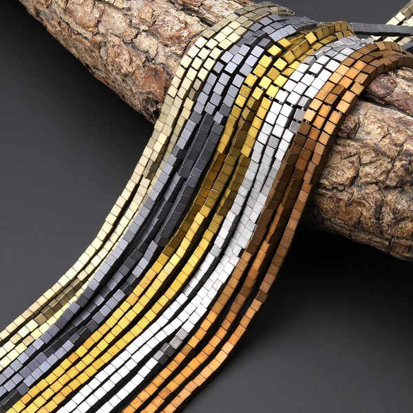 Matte Titanium Hematite 2mm Cube Beads Small Spacer Champagne Black Gold Silver Bronze 15.5" Strand