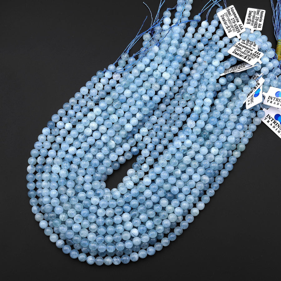 AAA Natural Blue Aquamarine 6mm Smooth Round Beads Real Genuine Gemstone 15.5" Strand