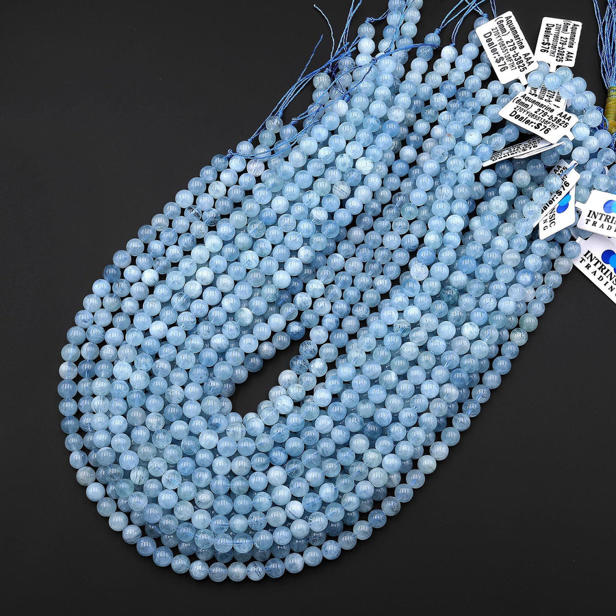 AAA Natural Blue Aquamarine 8mm Smooth Round Beads Real Genuine Gemstone 15.5" Strand
