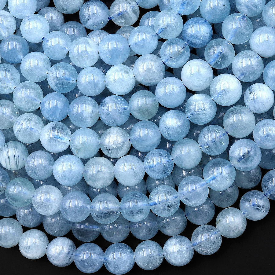 AAA Natural Blue Aquamarine 8mm Smooth Round Beads Real Genuine Gemstone 15.5" Strand