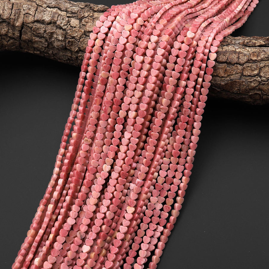 AAA Natural Pink Petrified Rhodonite Carved Heart Beads 4mm Gemstone 15.5" Strand