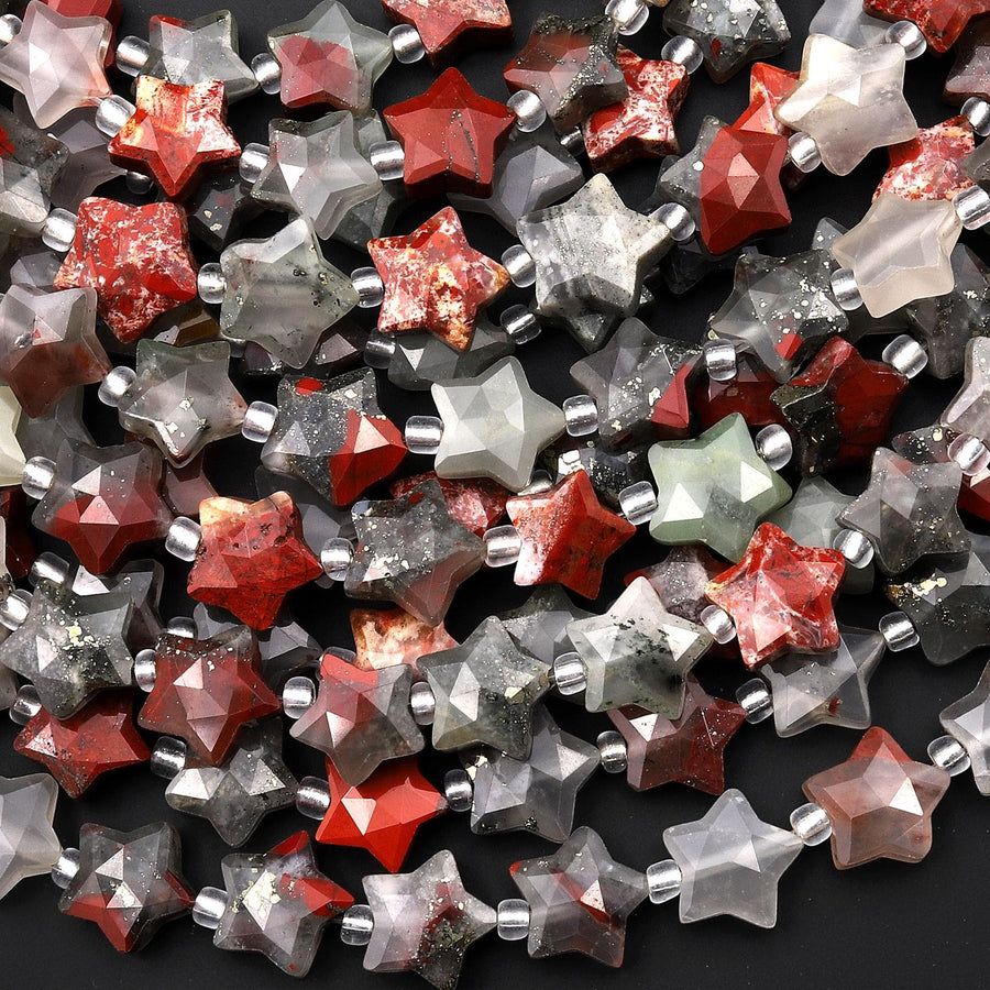 Sparkling Faceted Natural African Bloodstone Beads 10mm Carved Star Gemstone 15.5" Strand