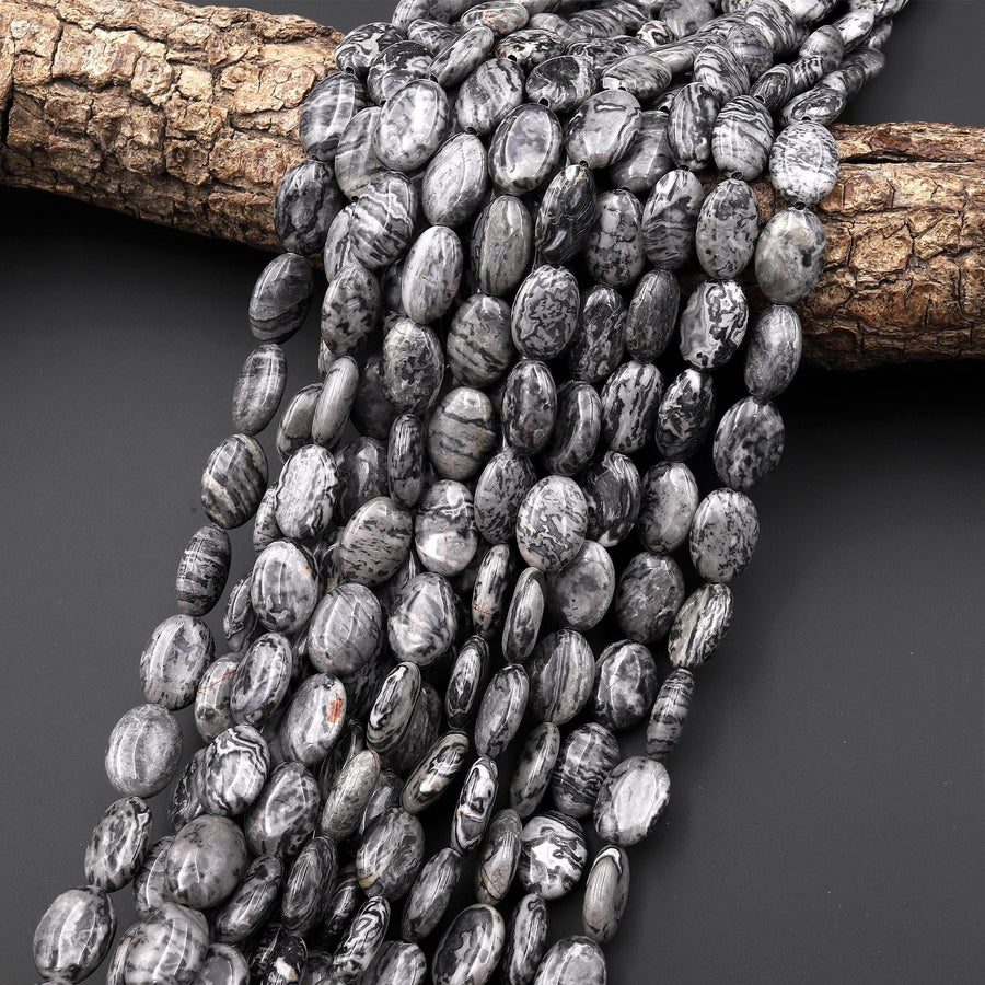AAA Natural Gray Map Stone Jasper 10x14mm Smooth Oval Beads 15.5" Strand