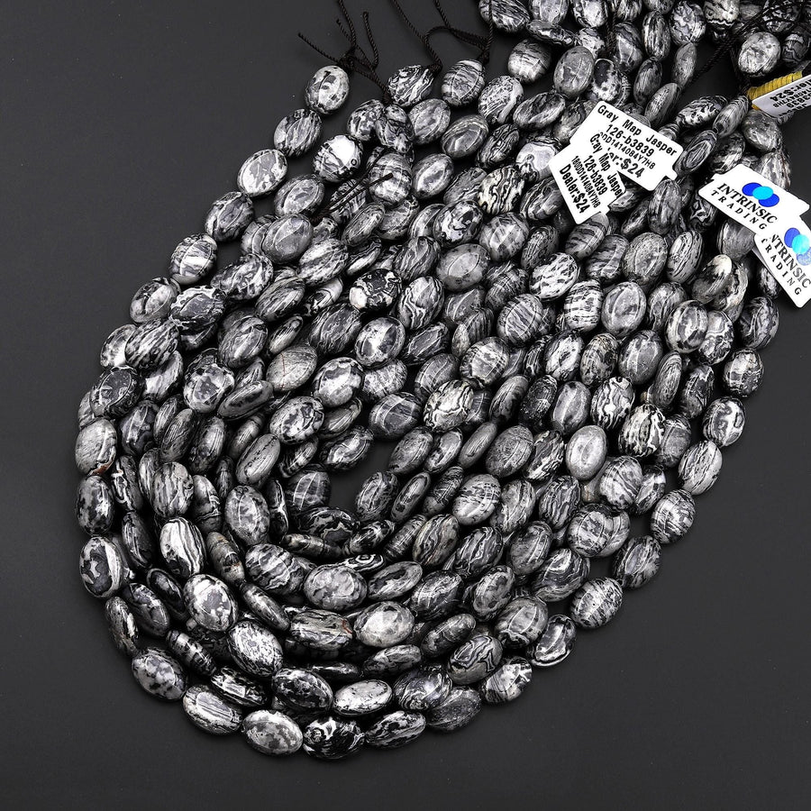 AAA Natural Gray Map Stone Jasper 10x14mm Smooth Oval Beads 15.5" Strand