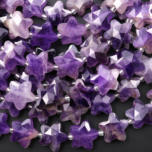 Sparkling Faceted Natural Amethyst Beads 10mm 14mm Carved Star Gemstone 15" Strand