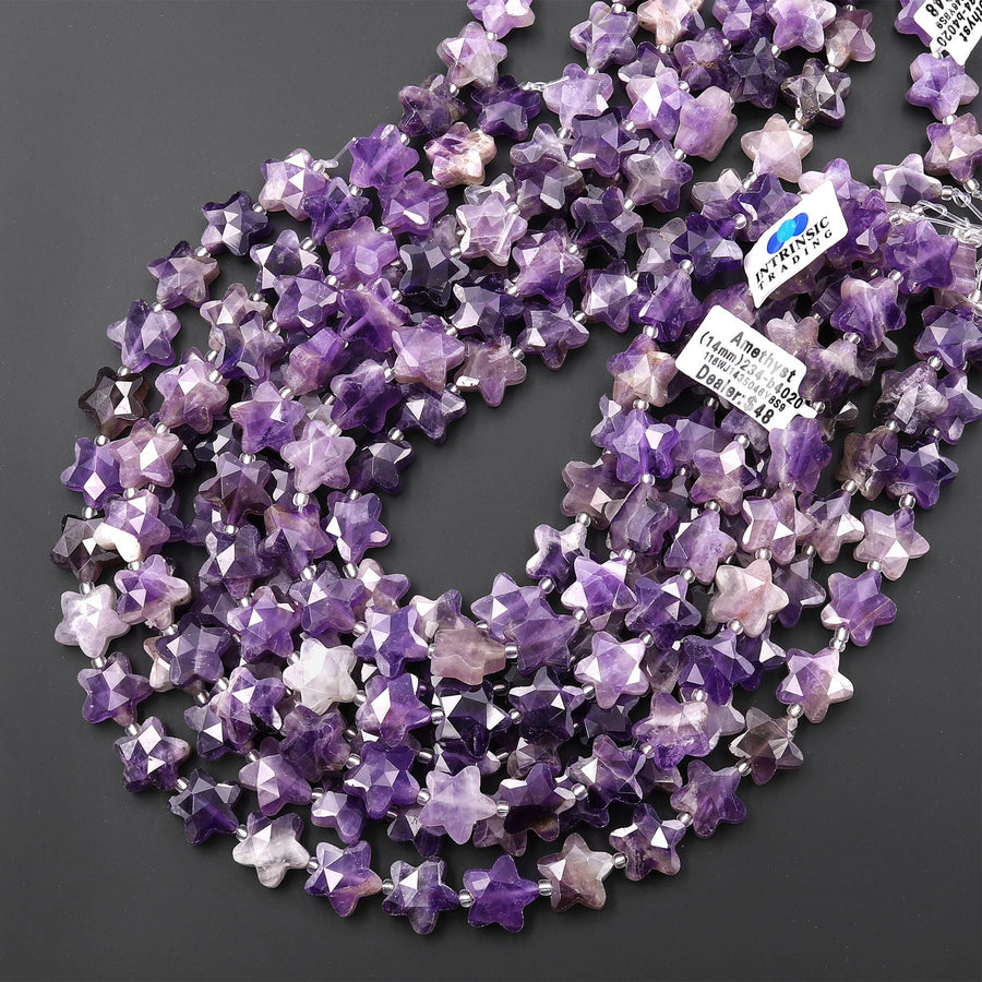 Sparkling Faceted Natural Amethyst Beads 10mm 14mm Carved Star Gemstone 15" Strand